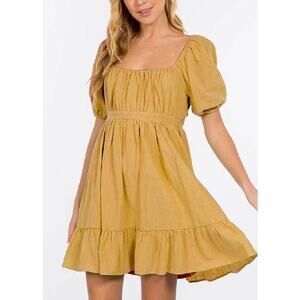 Hesperus Cotton Yellow Empire Waist Mini Dress Short Puff Sleeve Back Tie Medium